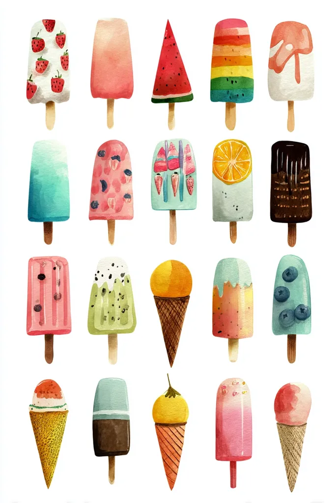 A watercolor illustration showcases an array of twenty delightful popsicles and ice cream cones.  Each treat boasts a unique design and vibrant color palette, featuring flavors like strawberry, watermelon, rainbow, chocolate, and various fruit combinations.  The styles vary from classic shapes to more creative designs, creating a cheerful and summery image.