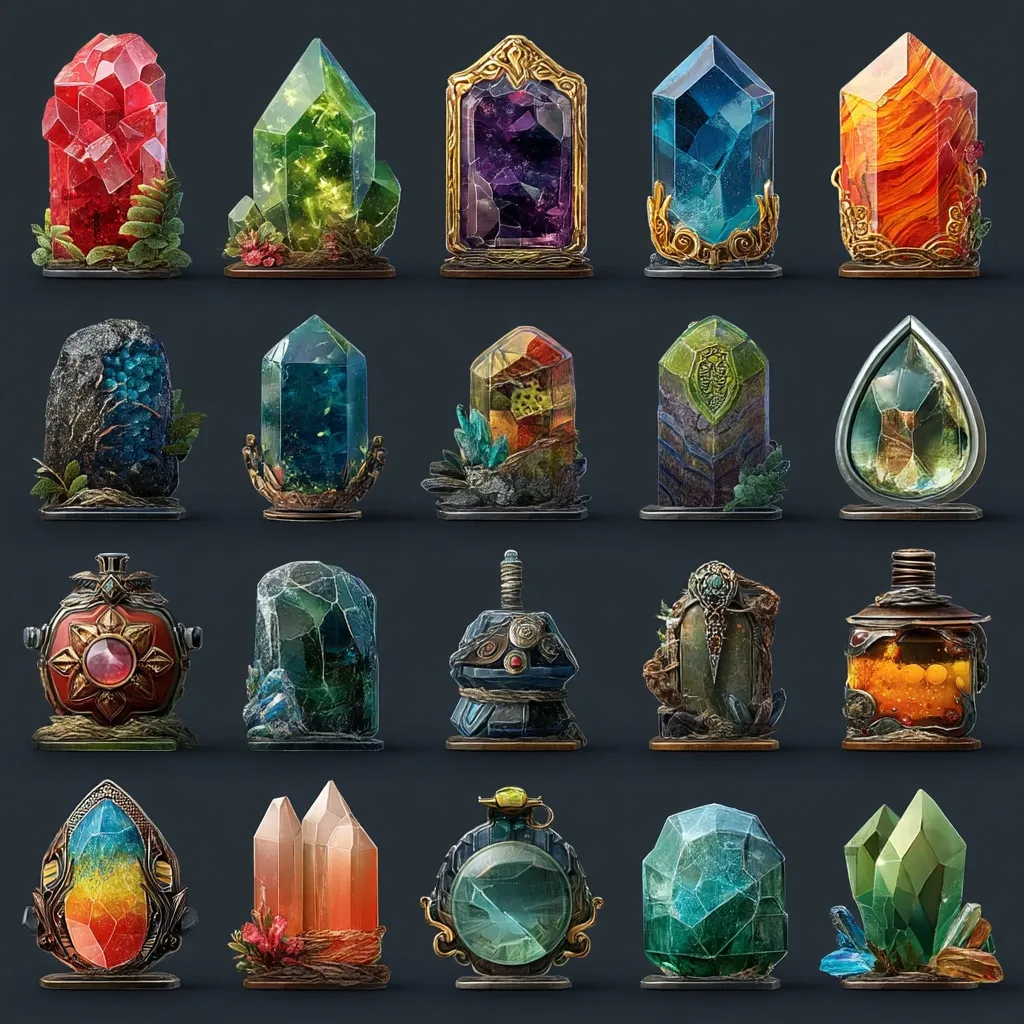 A grid showcases twenty diverse, intricately designed crystals and vials.  Each piece boasts unique colors, textures, and settings, ranging from vibrant gemstones in ornate frames to rough, natural crystals nestled in earthy bases.  Some feature embedded flora or other embellishments, indicating a fantastical or magical theme. The overall aesthetic is rich, detailed, and suggestive of enchanted artifacts.
