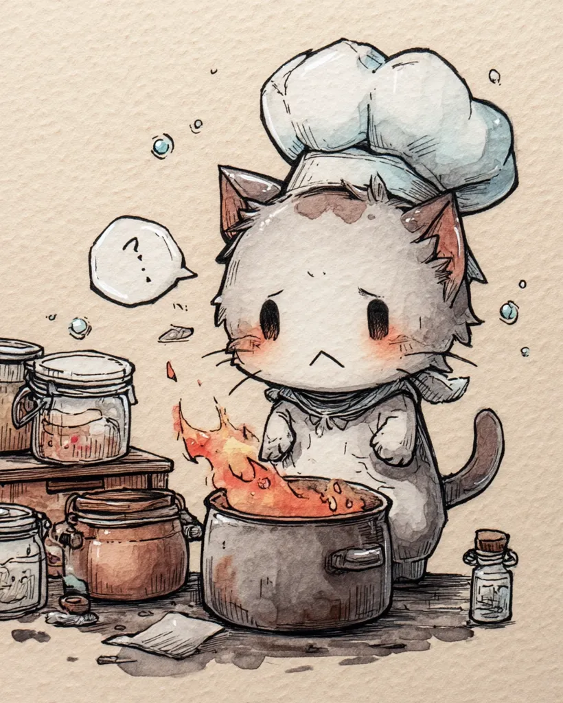 A cute cartoon cat, wearing a chef's hat and apron, stands before a pot engulfed in flames.  Surrounding the scene are various jars and bottles, suggesting a kitchen setting. The cat appears concerned, a speech bubble above its head indicating uncertainty. The artwork is rendered in watercolor, with a soft, muted palette and detailed linework.  The overall style is whimsical and slightly melancholic.