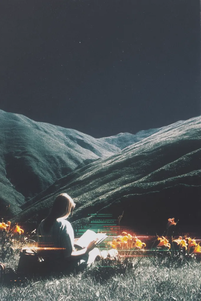 A woman sits on a grassy hillside, engrossed in a book.  Rolling hills stretch before her, leading to a dark, star-speckled sky.  Orange flowers bloom around her, adding a vibrant touch to the serene, almost surreal landscape. The scene is bathed in a soft, ethereal light, creating a dreamlike atmosphere.  A subtle digital overlay adds a layer of mystery.