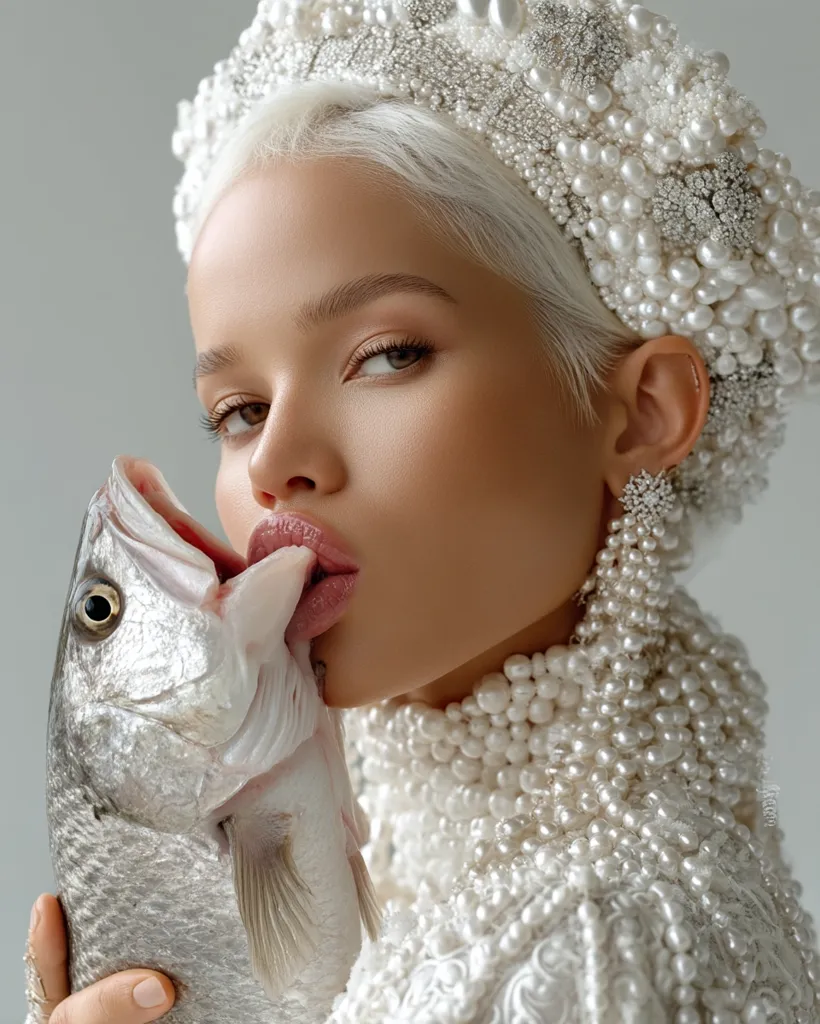 A blonde woman wearing an ornate pearl headpiece and a pearl-embellished white dress playfully kisses a raw fish.  Her makeup is subtly glamorous, and her expression is both alluring and slightly mischievous. The image contrasts the elegance of the woman's attire with the unexpected intimacy of her interaction with the fish.  The overall aesthetic is high fashion and surreal.