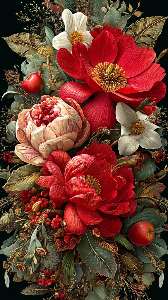 A vibrant bouquet bursts with rich colors.  Deep red peonies dominate, their velvety petals contrasting with creamy white blossoms.  Subtle hints of gold and red berries add to the luxurious feel.  Dark green foliage provides a grounding element, enhancing the dramatic effect of the opulent flowers.  Apples nestled within the arrangement complete the autumnal aesthetic. The overall style is lush and highly detailed, suggestive of a painterly approach.