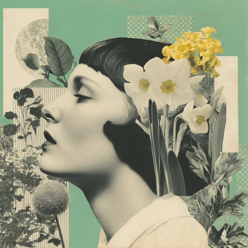 A monochromatic profile of a woman with a bob haircut is adorned with a bouquet of white and yellow flowers sprouting from her head.  The collage-style artwork features a serene teal background and incorporates various botanical elements, a moon, and geometric patterns, creating a dreamlike and surreal aesthetic.  The image blends vintage photography with modern artistic techniques.