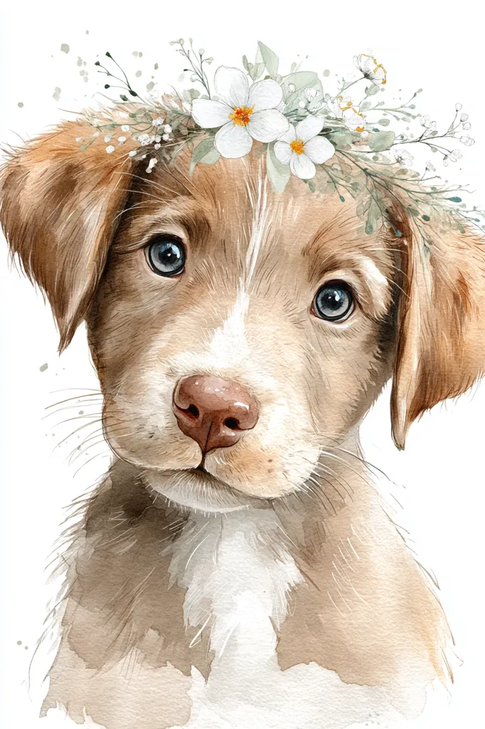 A watercolor painting of an adorable light brown puppy.  The puppy has big, expressive eyes and a sweet face. A delicate floral crown of white flowers and greenery rests atop its head. The style is soft and whimsical, emphasizing the puppy's charming innocence. The background is pure white, making the puppy the clear focal point.