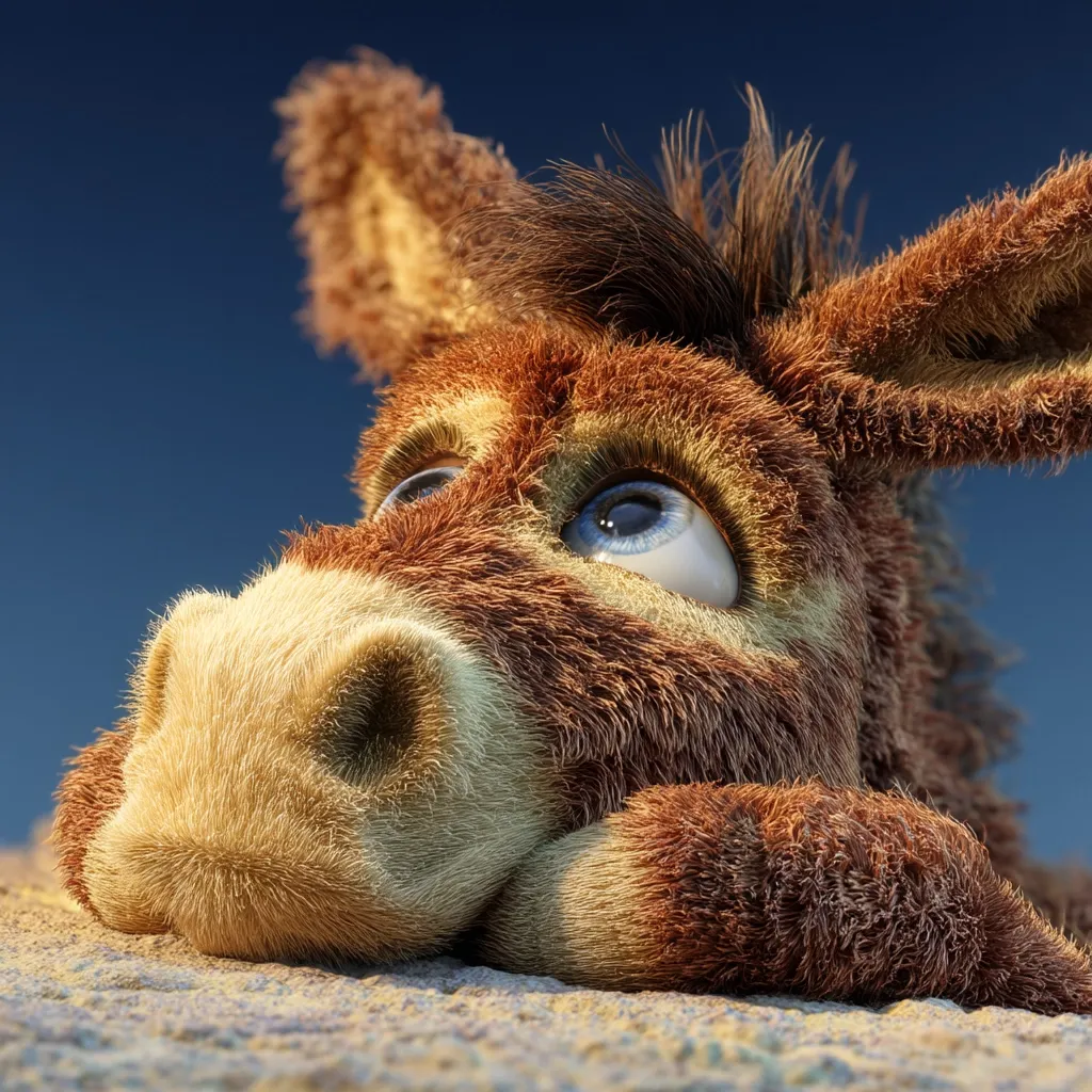 A close-up shot reveals a cartoon donkey, its fur a blend of brown and tan.  Large, expressive blue eyes gaze upward, conveying a thoughtful or pensive mood. The donkey's head rests on its forelegs, which are also covered in soft, textured fur. The background is a simple, deep blue, drawing focus to the endearing donkey.