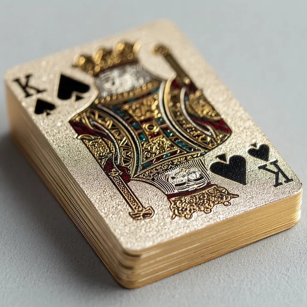 A close-up shot reveals a deck of playing cards, specifically the King of Spades.  The card features an ornate, gold-embossed design, with the king depicted in regal attire. The deck's gilded edges are visible, showcasing a luxurious aesthetic.  The textured, metallic surface of the card suggests a high-quality, possibly limited-edition deck.