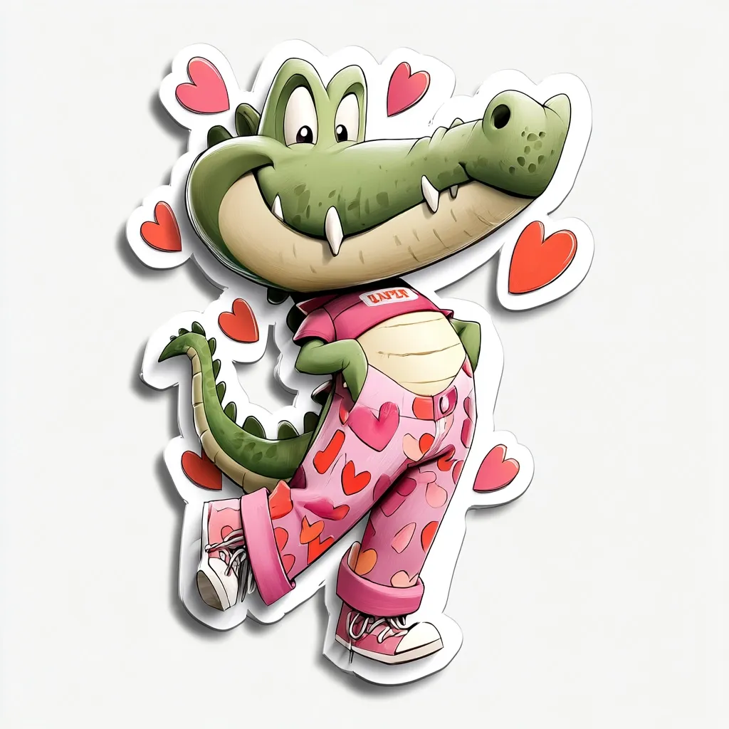 A cheerful cartoon crocodile, wearing pink heart-patterned pants and sneakers, is depicted in a sticker-like design.  Surrounded by pink hearts, the crocodile smiles broadly, conveying a playful and loving Valentine's Day theme. Its pose is confident and charming, making it a fun and endearing image. The style is cartoonish and vibrant, suitable for expressing affection.