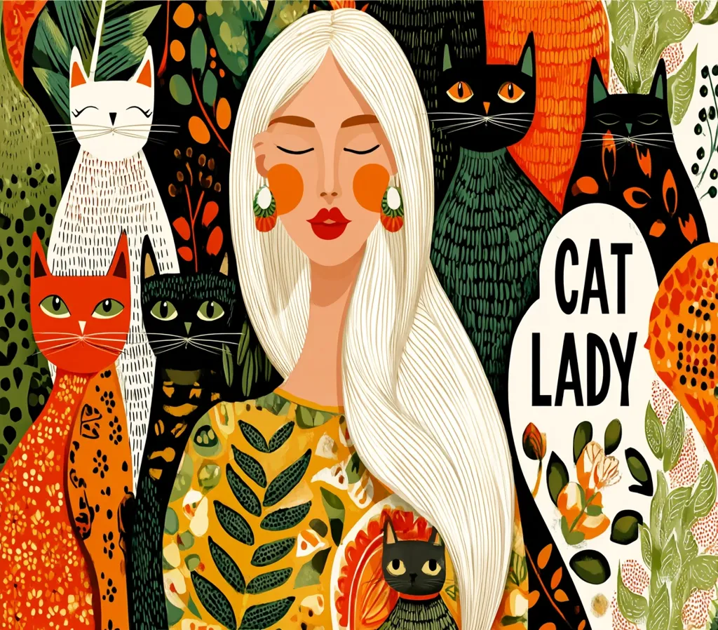 A stylized illustration depicts a blonde woman, eyes closed, surrounded by various cats.  She wears a floral-patterned top and large earrings. The cats are depicted in bold colors and patterns, with differing fur colors and markings. The text "CAT LADY" is prominently displayed. The overall style is bold, graphic, and whimsical.