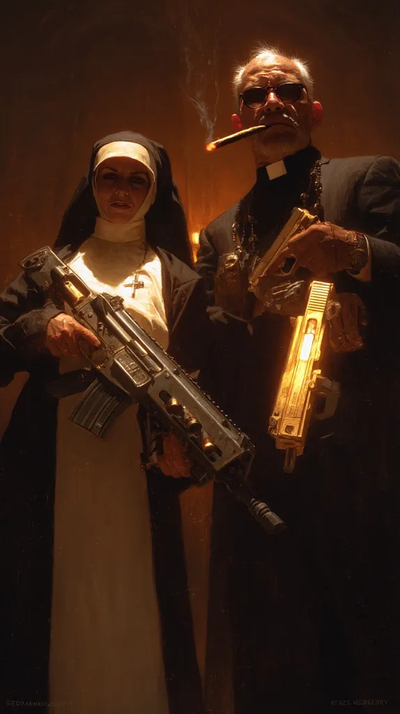 A painting depicts a nun and a priest, both armed. The nun, in a traditional habit, holds an assault rifle. The priest, sporting sunglasses and a cigar, brandishes gold-plated handguns. Their attire contrasts sharply with their weaponry, creating a dramatic and unsettling image.  The dimly lit background adds to the mysterious atmosphere. The scene suggests a clash between religious piety and violent criminality.