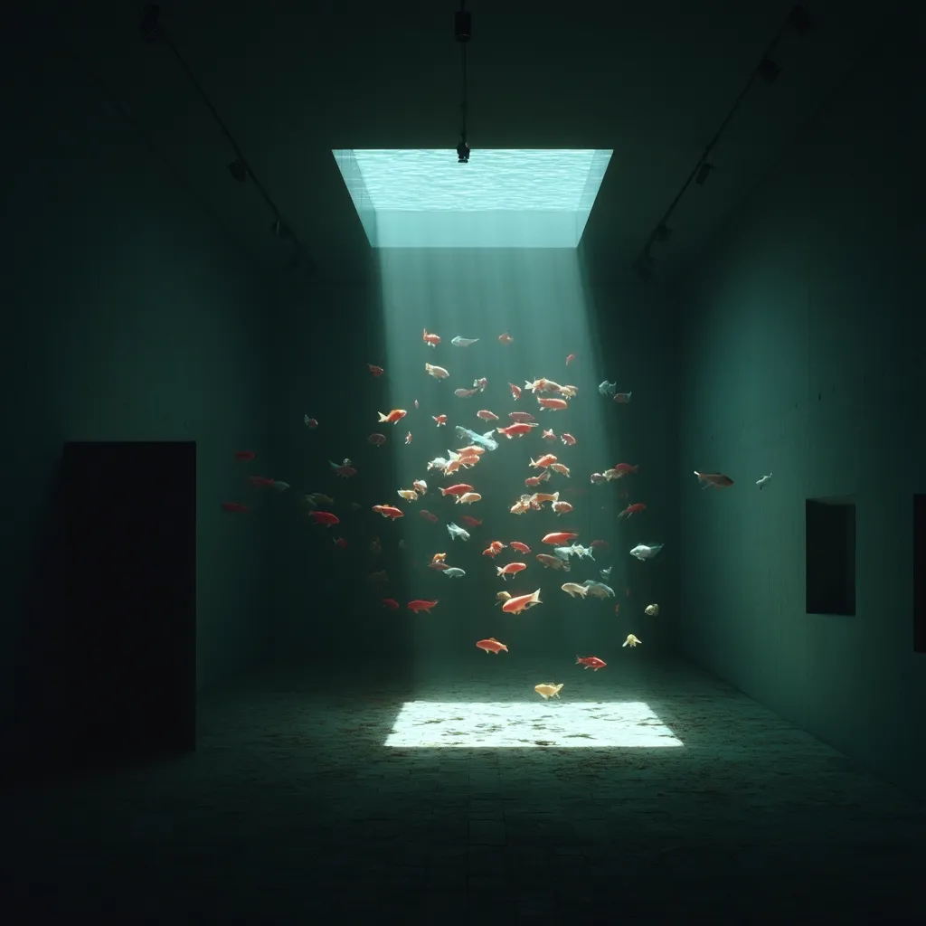 A dark, minimalist room is illuminated by a square skylight above, through which a beam of light shines down.  A school of colorful koi carp swims within the light beam, creating a surreal and serene underwater scene within the otherwise empty space.  The muted colors and stark architecture emphasize the ethereal beauty of the fish.
