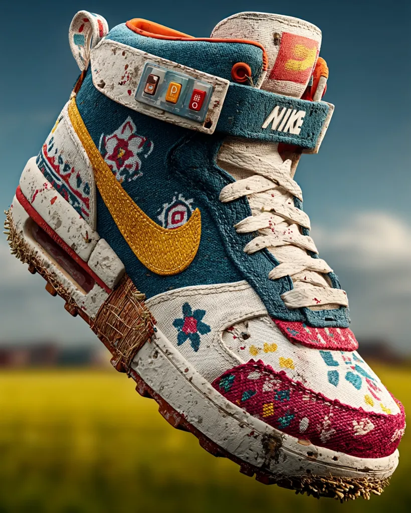 A Nike high-top sneaker, heavily customized, is shown in mid-air against a blurred background of yellow fields. The shoe features a teal and off-white base with colorful embroidered floral patterns and a yellow swoosh.  Mud and wear add a distressed, rugged look.  A small, technological-looking panel is present on the ankle strap. The overall aesthetic is a blend of traditional and futuristic styles.