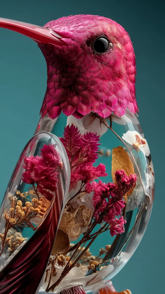 A vibrant pink hummingbird figurine is encased in clear resin, showcasing delicate pressed flowers within its body. The hummingbird's detailed feathers and keen eye are striking against the teal background.  The resin preserves the flowers, creating a beautiful and unique art piece.  The combination of the bright pink bird and the contrasting colors of the flowers produces a striking visual effect.