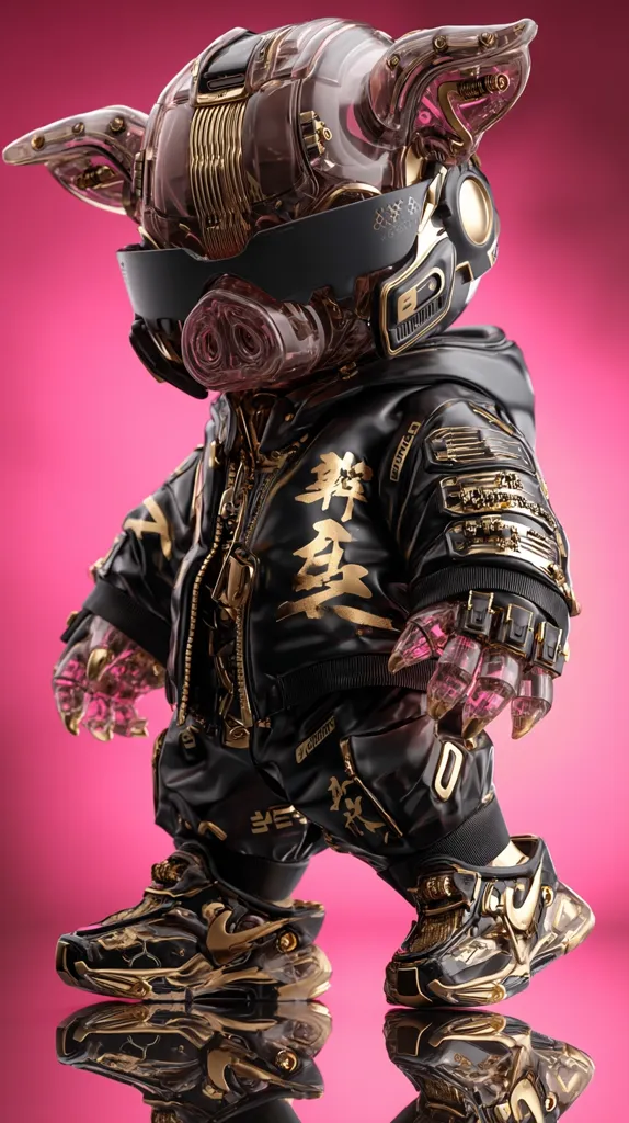 A stylized pig figurine, rendered in 3D, sports a transparent, gold-accented helmet and black bomber jacket adorned with gold kanji characters.  The figure's design blends futuristic elements with street style, including chunky gold and black sneakers.  The overall aesthetic is a blend of cyberpunk and anime influences, set against a vibrant pink backdrop.