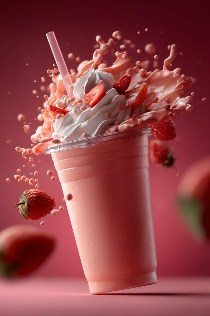 A strawberry milkshake is captured in mid-air, frozen in a moment of vibrant action.  Pink liquid splashes dramatically around a clear plastic cup brimming with creamy whipped topping and fresh strawberries.  The straw adds a touch of whimsy to this dynamic, visually appealing image of a delectable treat.  Several strawberries are suspended in the air, enhancing the sense of motion and the overall deliciousness.