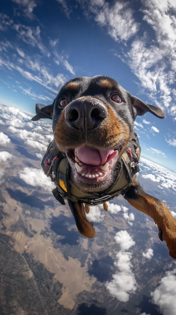 A Rottweiler dog, wearing a harness, is captured mid-air during a skydiving adventure.  Its joyful expression is clearly visible, mouth open in a wide grin, against a backdrop of fluffy white clouds and a sprawling landscape far below. The perspective is from below, looking up at the dog, creating a dynamic and exciting image.