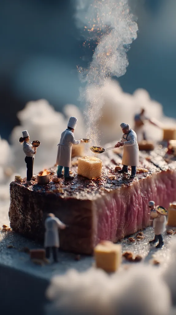Miniature chefs meticulously prepare a giant steak.  They expertly sauté ingredients, adding seasonings and garnishes.  Smoke and sparks rise from the sizzling meat, creating a dramatic culinary scene.  The tiny figures and oversized steak offer a whimsical perspective on gourmet cooking.  The overall effect is both artistic and humorous.