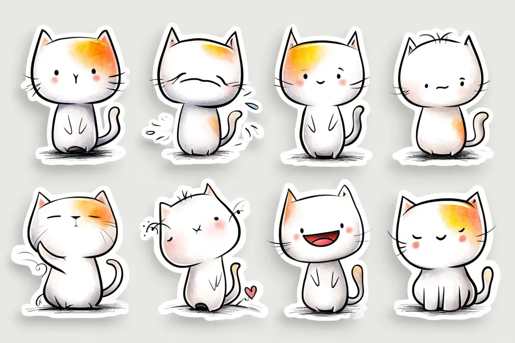 Eight adorable cartoon cats in various expressions are depicted.  Each cat is predominantly white with orange patches, displayed on individual sticker-like backgrounds. The emotions range from happy and content to sad and pensive, showcasing a diverse set of cute feline moods. The style is simplistic yet charming, with watercolor-like textures.