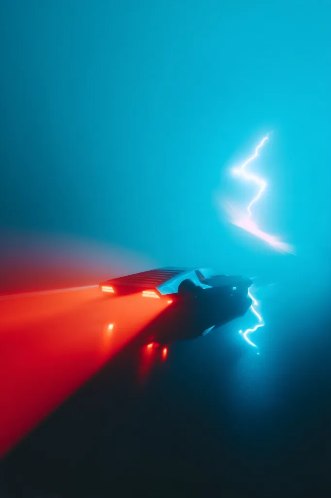 A futuristic car, bathed in red and blue neon lights, speeds through a hazy, atmospheric landscape.  A lightning bolt illuminates the scene in the background, contrasting the vibrant colors. The car's sleek design and the dramatic lighting create a sense of speed and otherworldly adventure. The overall effect is a striking, stylized image evoking a cyberpunk or science fiction aesthetic.
