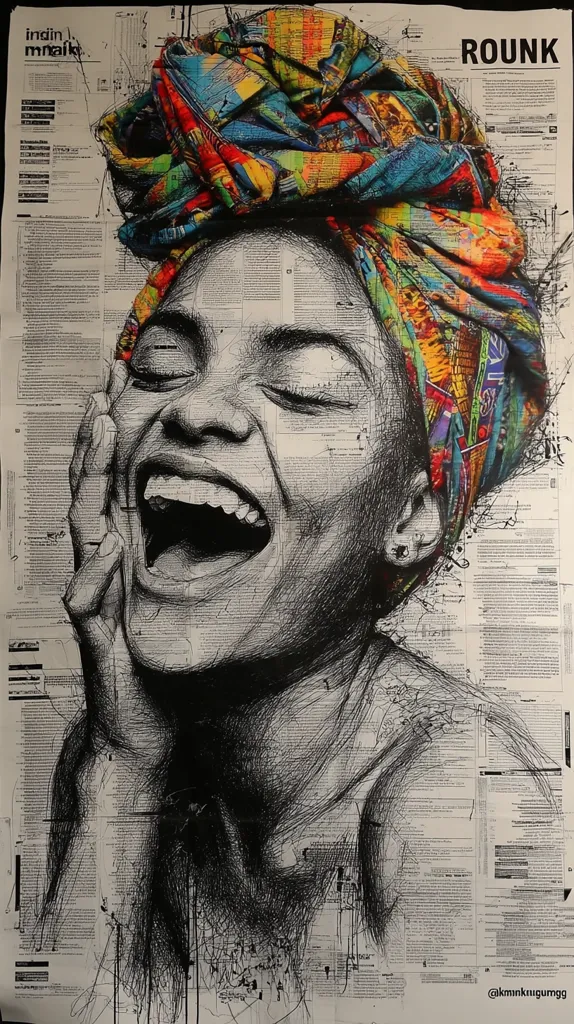 A vibrant artwork depicts a woman's face, rendered in detailed black and white pen strokes on a newspaper background. Her head is wrapped in a colorful, patterned headscarf, adding a striking contrast to the monochromatic drawing style.  Her joyful expression, with eyes closed and mouth open in laughter, conveys a sense of unrestrained happiness. The newspaper texture provides a textured backdrop, highlighting the artist's skillful blending of styles and mediums.
