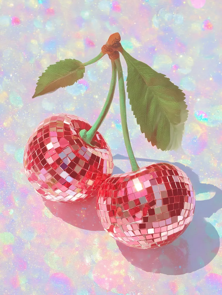 Two cherries, crafted from sparkling pink disco ball material, rest on a pastel background. The cherries' stems and leaves are realistic, contrasting with the shimmering fruit. The background is a soft, iridescent surface reminiscent of glitter or confetti. The image is vibrant and playful, suggesting a pop art or whimsical aesthetic.