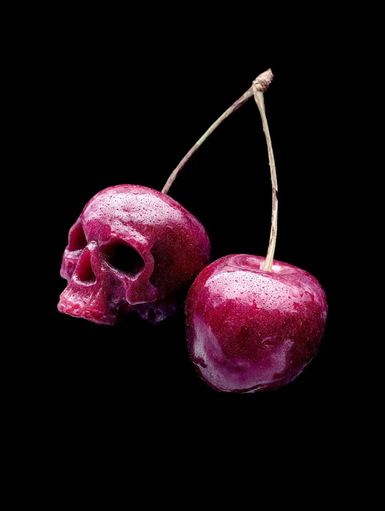 A striking close-up reveals two glistening cherries against a stark black backdrop. One cherry is uniquely shaped as a human skull, its detailed features rendered in vibrant crimson.  Both cherries are adorned with water droplets, enhancing their rich, dark red hue. The contrast between the skull-shaped cherry and the normal cherry creates a captivating, slightly macabre image.