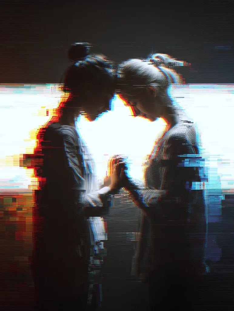 Two women stand facing each other, heads bowed together, hands clasped.  Their silhouettes are partially obscured by a digital glitch effect, creating a fragmented, almost ethereal image.  The background is dark, with a bright, distorted horizontal line separating the women from the shadowy backdrop. The overall mood is one of intimacy and mystery.