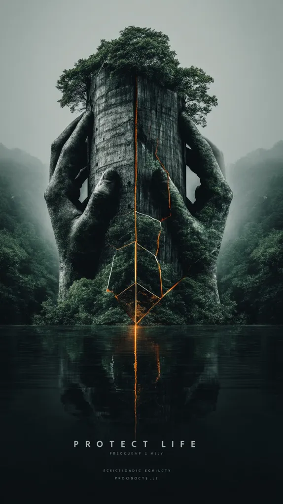 A surreal artwork depicts a large, cracked stone pillar embraced by two giant hands.  A tree grows from the top, its roots intertwining with the structure.  An orange glow emanates from the cracks. The scene is reflected in still, dark water, set against a misty, forested backdrop. The words "PROTECT LIFE" are prominently displayed, emphasizing the environmental theme.