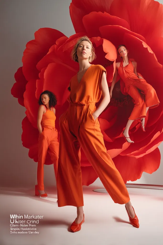 Three women in vibrant orange jumpsuits pose against a backdrop of a giant, stylized red poppy.  The central figure is prominently displayed, while the other two are partially obscured, creating a dynamic composition.  The bold color palette and dramatic floral setting evoke a sense of modern fashion and feminine power. The image is striking and visually arresting.
