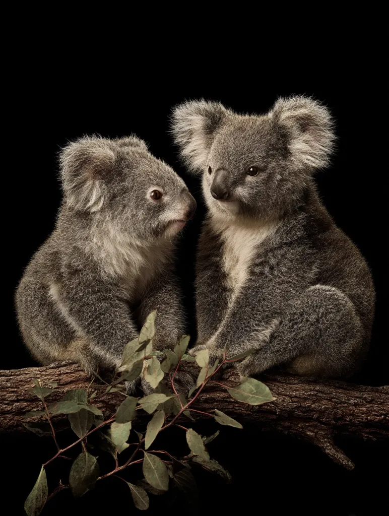 Two adorable koala joeys sit side-by-side on a dark brown tree branch against a black background.  The fluffy marsupials are positioned close together, gazing at each other.  A sprig of eucalyptus leaves rests between them, adding a touch of their natural habitat to the intimate portrait.  The lighting highlights the koalas' soft fur and expressive faces.