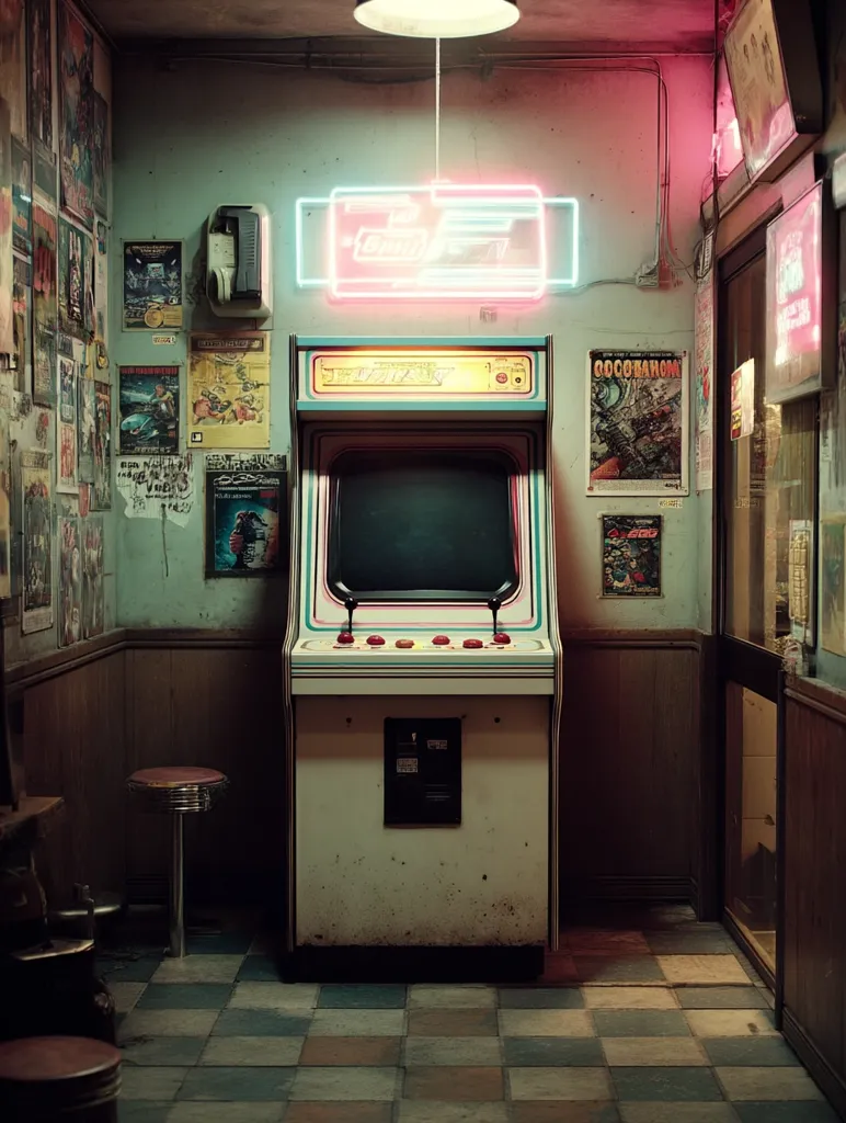 A retro arcade game cabinet stands in a dimly lit, vintage hallway.  Walls are adorned with posters and faded advertisements.  A neon sign glows above the machine, casting a pink and teal hue. The scene evokes a nostalgic, possibly forgotten, corner of a bygone era.  Two small stools sit nearby, completing the atmospheric setting. The overall ambiance is one of quiet solitude and retro charm.