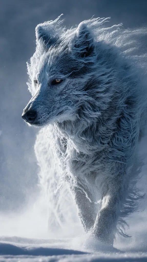 A majestic arctic wolf, its fur heavily coated in frost and snow, strides through a blizzard.  The wind whips its thick fur into a frenzy, creating a dramatic and ethereal image.  Its intense gaze pierces the swirling snow, conveying strength and resilience in the face of a harsh winter storm. The wolf's powerful form is partially obscured by the blizzard, adding to the mystical quality of the scene.