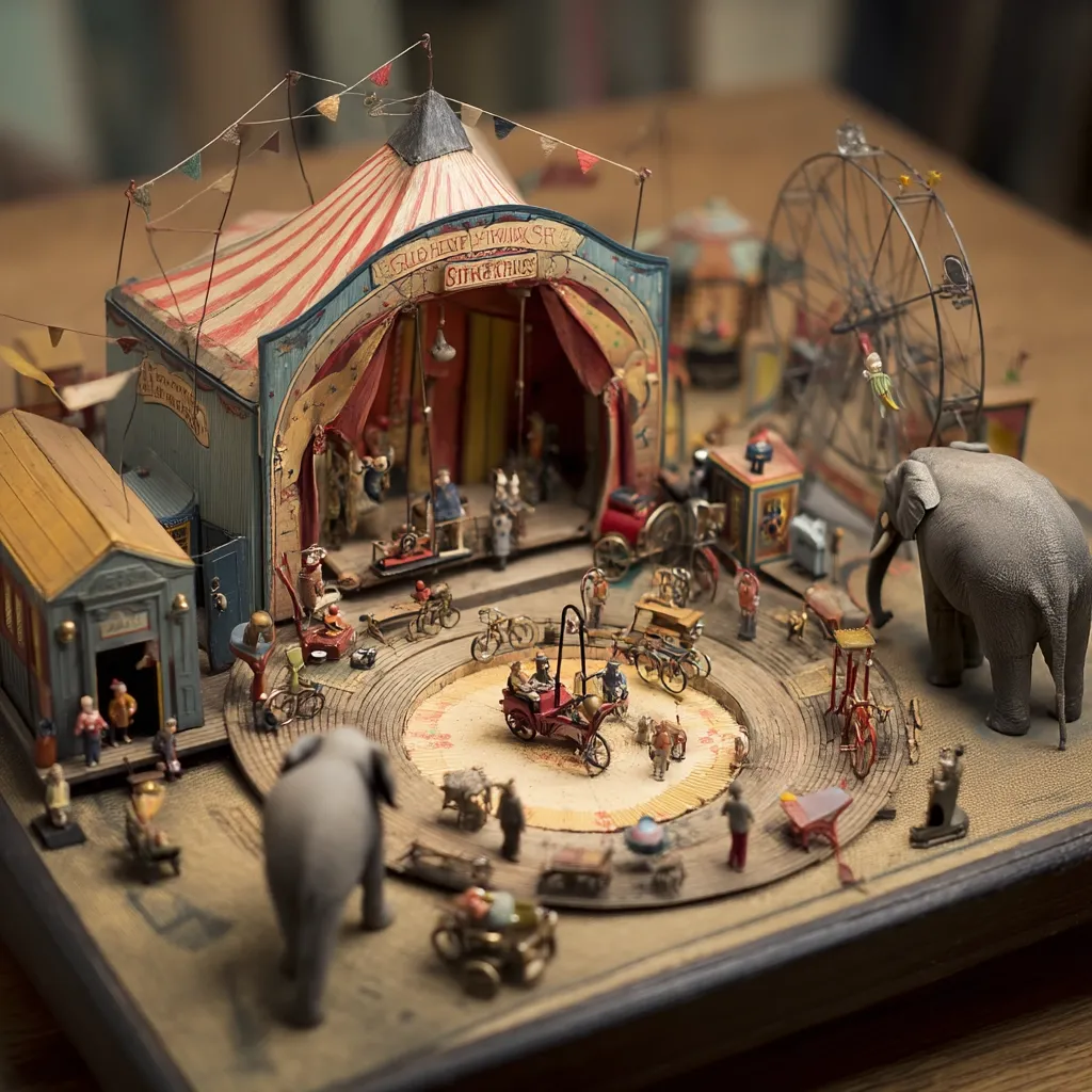 An intricate miniature circus scene is meticulously crafted, showcasing a bustling central ring with tiny figures and vehicles.  A large circus tent, Ferris wheel, and numerous small details populate the scene, creating a vibrant, detailed world. Two elephants stand prominently, framing the spectacle.  The model's craftsmanship and attention to detail are remarkable.