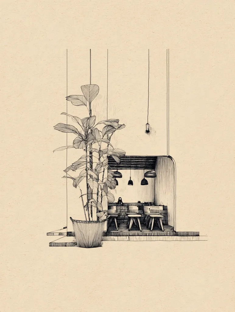 A pen-and-ink sketch depicts a minimalist cafe interior.  A large potted plant stands prominently to the left, contrasting with the clean lines of the seating area.  Simple tables and chairs are arranged within a curved alcove, illuminated by pendant lights. The style is detailed yet airy, suggesting a calm and modern atmosphere.  The drawing is rendered in monochrome on a cream-colored background.