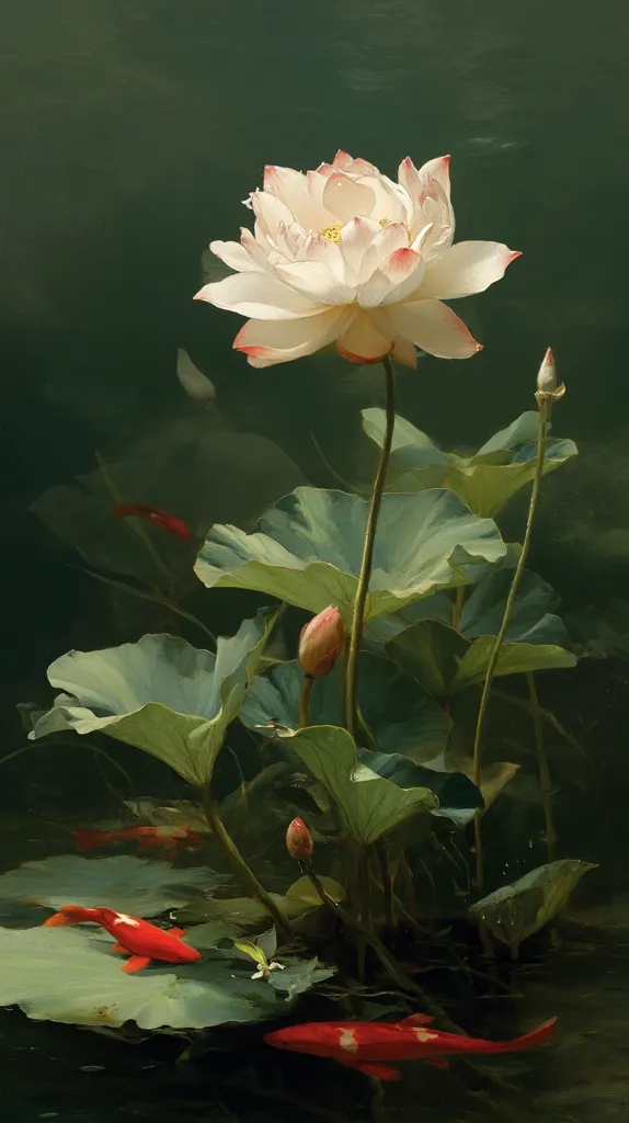 A serene painting depicts a vibrant white lotus flower in full bloom, its delicate petals tinged with pink.  The lotus rises from a pond, its large green leaves surrounding smaller buds.  Three goldfish swim gracefully in the dark, still water below, adding a touch of lively color to the tranquil scene. The overall mood is one of peaceful beauty and natural harmony.