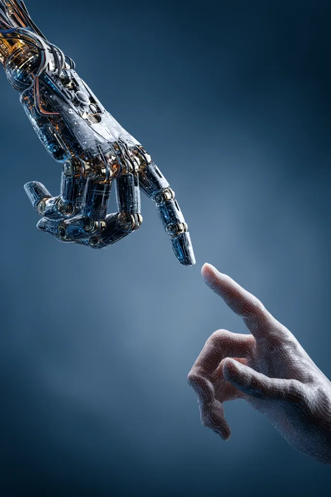 A robotic hand and a human hand reach towards each other, fingertips nearly touching against a deep blue backdrop.  The robotic hand is intricately detailed, showcasing its mechanical components.  The human hand is rendered with a wireframe effect, creating a striking contrast.  The image evokes themes of technological advancement, human-machine interaction, and the future of artificial intelligence.