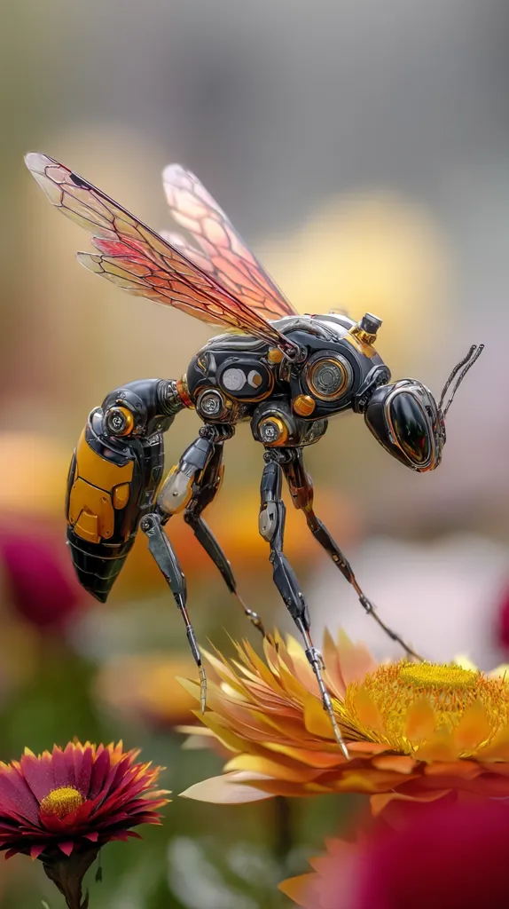A meticulously crafted robotic bee, gleaming with metallic black and gold accents, hovers delicately above a vibrant orange flower.  Its translucent wings, intricately detailed, suggest a blend of nature and technology.  The background features a soft-focus display of colorful blooms, enhancing the surreal beauty of this biomechanical marvel. The image's overall aesthetic is one of both futuristic design and natural elegance.