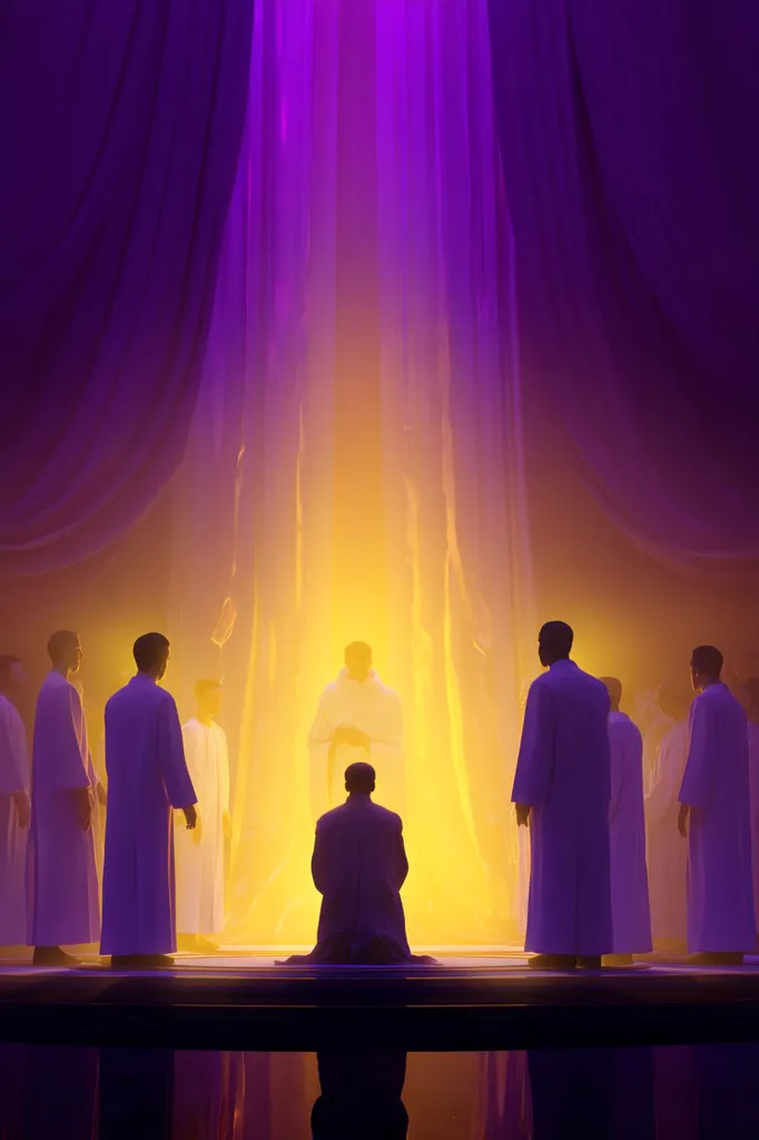 A single figure kneels before a radiant, golden light emanating from behind a translucent curtain.  Surrounding the kneeling figure are several people dressed in long, flowing robes, creating a solemn and spiritual atmosphere. The overall scene is bathed in purple and yellow light, suggesting a religious or mystical context.  The image conveys a sense of reverence and awe.