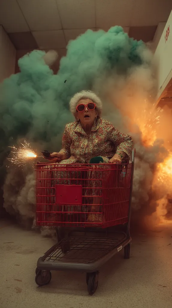 An elderly woman with red sunglasses sits in a shopping cart amidst a cloud of teal and orange smoke.  She holds a sparking firework, creating a dramatic and surreal scene. The setting appears to be an indoor hallway or store, with the explosion adding a sense of chaos and excitement to the image.  The overall tone is vibrant and slightly absurd.