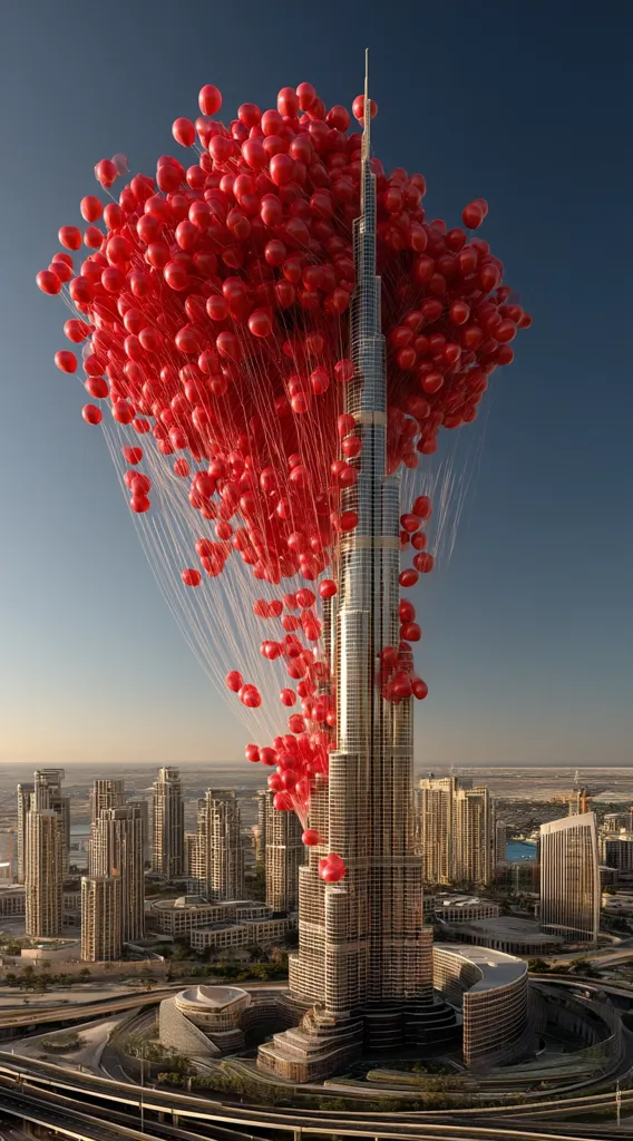 A breathtaking image showcases the Burj Khalifa, Dubai's iconic skyscraper, adorned with a massive cluster of red balloons.  The balloons, numerous and vibrant, ascend from the base of the building, creating a striking contrast against the modern cityscape backdrop. The scene is bathed in sunlight, highlighting the architectural detail of the Burj Khalifa and the surrounding urban landscape. The overall effect is one of celebratory grandeur and visual spectacle.