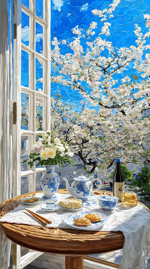 A sunlit table sits by a window, overlooking a cherry blossom tree in full bloom.  Blue and white china tea set, pastries, a bottle of wine, and a glass of amber liquid are arranged on a white tablecloth.  A vase of white flowers adds to the springtime scene.  The wooden table and white window frame provide a classic, elegant contrast to the vibrant blossoms.  Sunlight streams through the open window, casting a warm glow over the peaceful tableau.