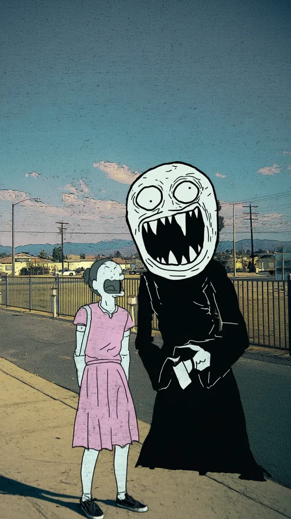 A cartoon-style illustration depicts a young girl in a pink dress walking alongside a towering figure with a grotesque, grinning face. The figure wears a black robe, creating a stark contrast against the girl's pastel outfit.  The setting appears to be a suburban street, with houses and fences visible in the background. The overall mood is unsettling, suggesting a potential narrative of unease or danger.