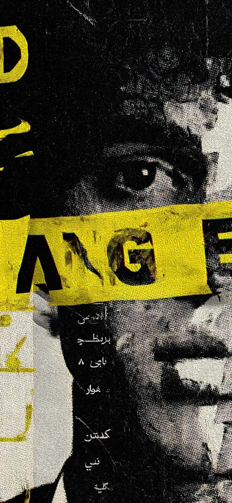 A stylized poster features a close-up of a man's face, partially obscured by a bold yellow and black "DANGER" banner. The image is heavily textured, with a grainy, almost distressed effect.  Parts of the face are in sharp focus, while others are blurred, creating a sense of unease.  Unintelligible text in a different script is visible on the side, adding to the mysterious atmosphere.  The overall aesthetic is dark and dramatic.