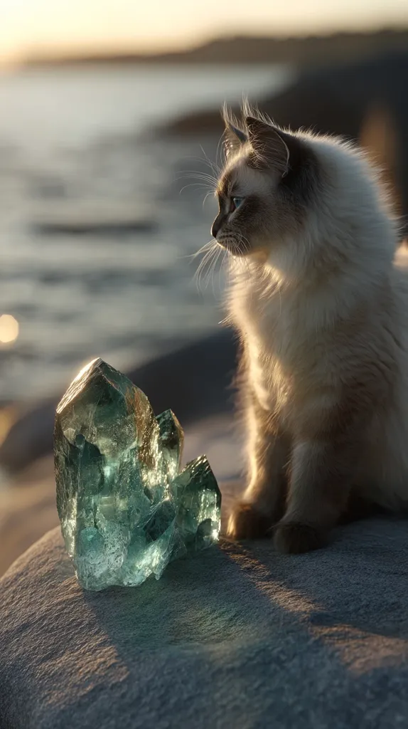 A fluffy Neva Masquerade cat sits on a rock at sunset, gazing at a large, glistening teal crystal cluster.  The ocean is visible in the background, blurred and out of focus.  The warm light of the setting sun illuminates both the cat and the crystal, creating a serene and magical scene. The contrast between the soft fur and the sharp crystal is striking.