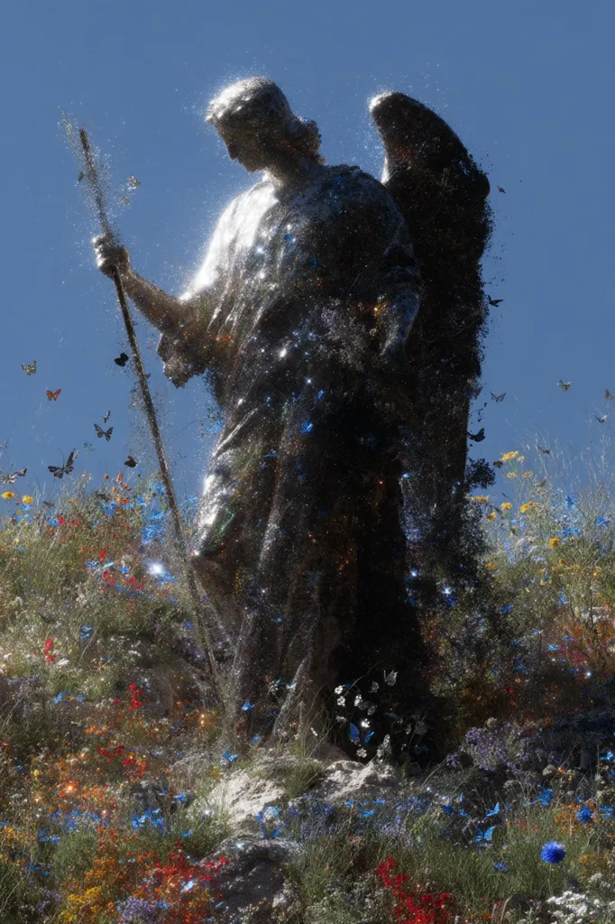 A shimmering, ethereal statue of an angel, seemingly composed of glittering particles, stands amidst a vibrant wildflower meadow.  Butterflies flutter around the angel, who holds a staff, creating a surreal and magical atmosphere. The angel's form is partially obscured by the sparkling effect, adding to the dreamlike quality of the scene.  The background is a clear, bright blue sky.