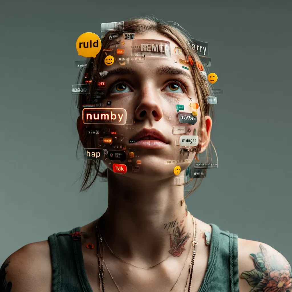 A young woman's face is overlaid with translucent digital text and emojis, suggesting the overwhelming presence of social media and online communication in modern life.  The words and icons seem to merge with her features, creating a visually striking representation of digital identity and the blurring lines between the online and offline worlds.  Her contemplative expression hints at the potential impact of this constant connectivity.