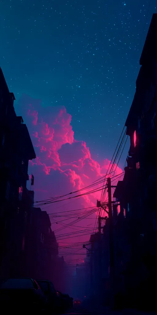 A city street at night is bathed in vibrant pink and purple hues from a striking sunset.  Silhouetted buildings line the narrow street, crisscrossed with power lines.  A starry, dark blue sky provides a dramatic contrast to the colorful clouds.  The scene is atmospheric and evokes a feeling of mystery and quiet urban beauty.  A few cars are visible in the distance.