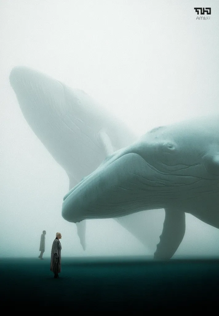 Two enormous whales, shrouded in a thick fog, loom over a solitary figure in a long coat and another in a simple, light-colored outfit. The scene is serene and surreal, with the whales' immense size emphasizing the scale of the misty environment. The color palette is muted, mostly composed of pale blues and greens, reinforcing the dreamlike quality.  The overall mood is one of quiet contemplation and awe.