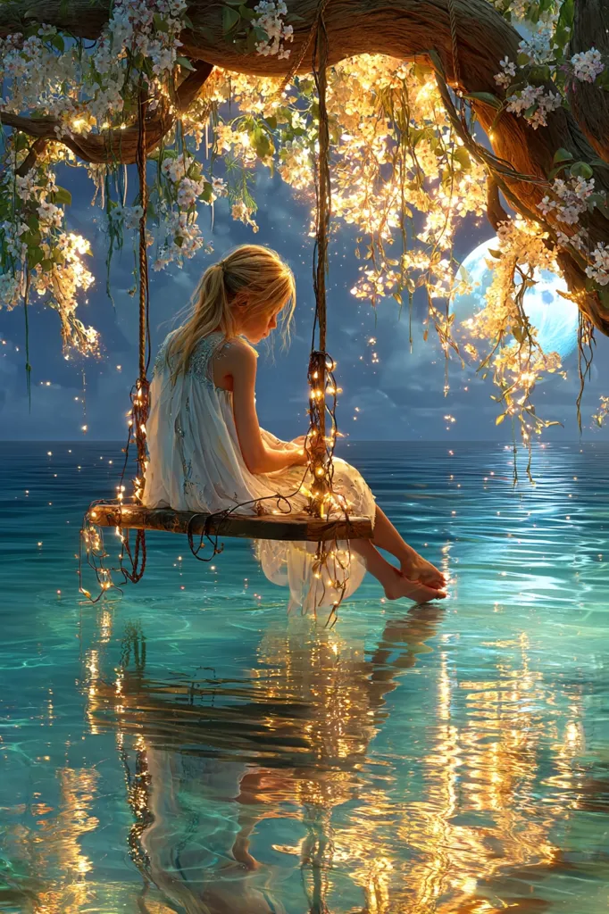 A young girl with blonde hair sits on a swing adorned with fairy lights, suspended from a flowering tree over tranquil turquoise water.  A large moon hangs in the twilight sky.  The scene is ethereal and dreamlike, reflecting a magical and peaceful atmosphere. The water mirrors the lights and the girl, creating a serene and enchanting image.