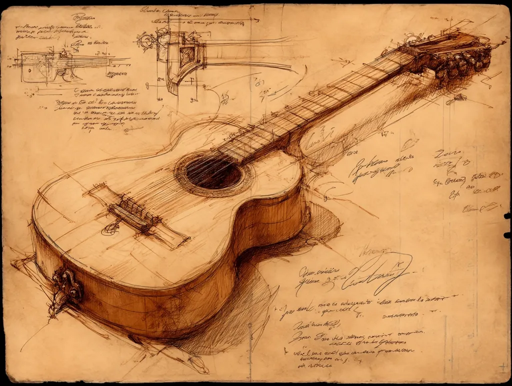 A detailed sepia-toned drawing of a classical guitar dominates the page, its body resting at an angle.  Surrounding the guitar are intricate sketches, possibly design plans or blueprints, along with handwritten notes and a signature in a flowing script. The paper appears aged, enhancing the overall vintage feel of the artistic piece. The artist's detailed rendering emphasizes the instrument's craftsmanship.