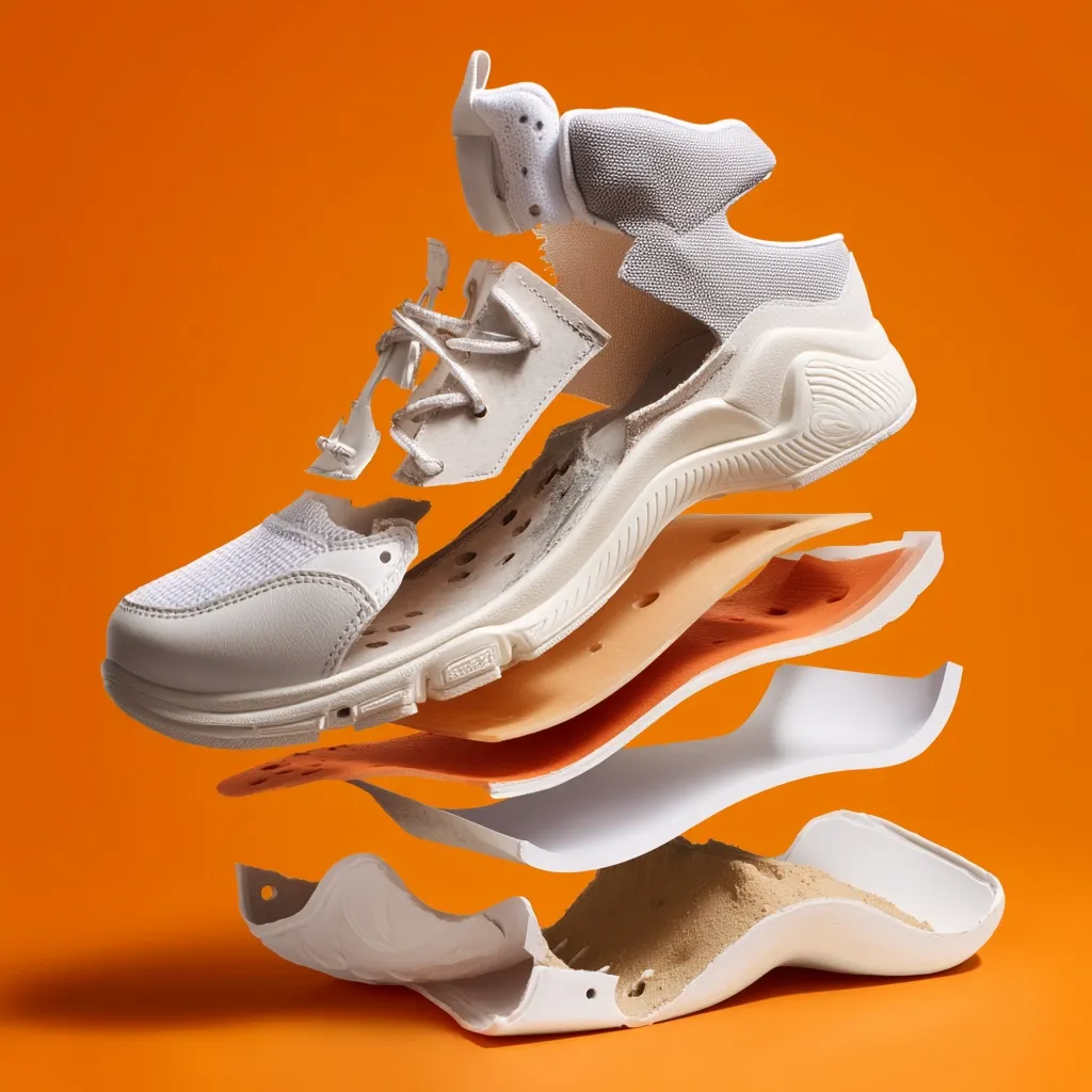 A white athletic shoe is deconstructed, revealing its layered components against a vibrant orange background.  The shoe, a high-top sneaker with a chunky sole, is shown disassembled into its various parts: upper, midsole, insole, and outsole, showcasing the materials and construction.  Sand is visible in the bottom layer, suggesting the shoe's composition or perhaps a conceptual element.